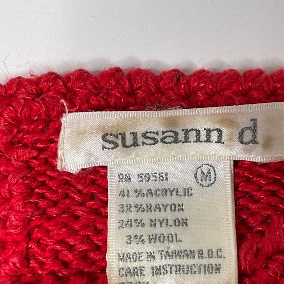 Vintage 80s Red White Black Fuzzy Sweater Medium Long Sleeve - Picture 6 of 8